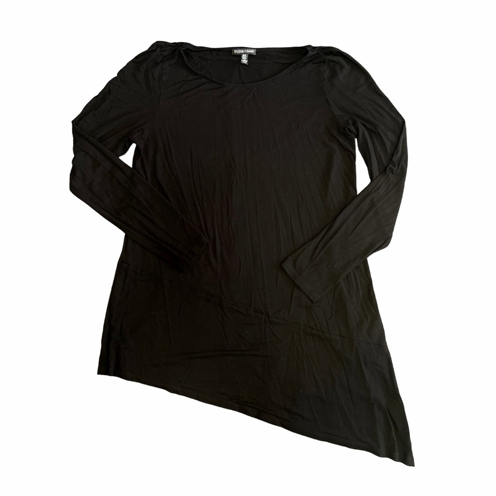 Eileen Fisher Black Knit Asymmetrical Hem Tunic Top Minimalist Quiet Luxury